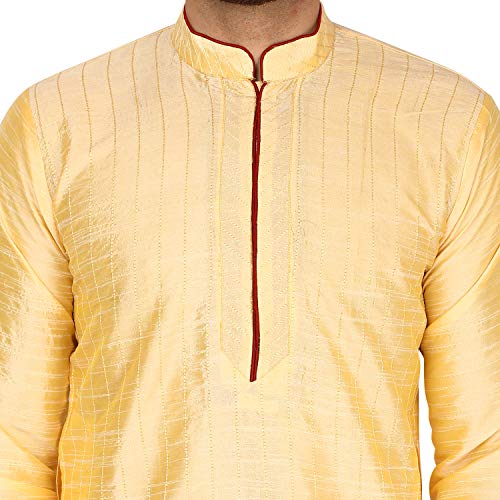 Image of SKAVIJ Men's Art Silk Thread Work Kurta Set Woven Design Festive Embroidered Ethnic Dress (KP028beige Beige L)