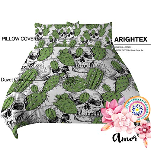 Arightex Duvet Cover Set Mexican Skull Cactus Pattern Bedding Set Comforter Cover 3 Pieces Cute Bedspread Coverlet Bed Cover (Full) #TOP1