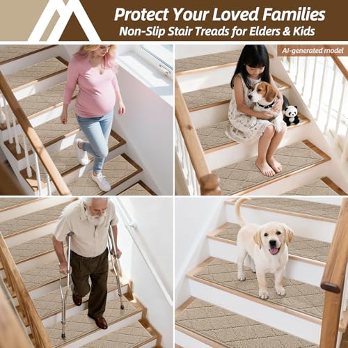 Image of COSY HOMEER Edging Stair Treads Non-Slip Carpet Mat 28inX9in Indoor Stair Runners for Wooden Steps, Edging Stair Rugs for Kids and Dogs, 100% Polyester TPE Backing(4pc, Beige)