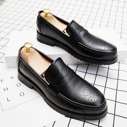 Men's Leather Penny Loafers Retro Round Toe Perforated Block Heels Slip-On Dress Work Shoes Classic Moccasin Casual Business Shoes2