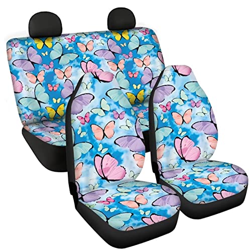 Image of Blue Butterfly Print Automotive Seat Cover Full Set Custom Front Back Seat Cover Easy Install Soft Breathable Universal Car Seat Protector for Women Men Fitted Car Interior Accessories for Trucks