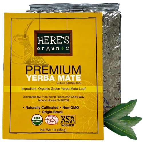 Here's Organic Yerba Mate Premium (Green), 1lb (454g), Pure Loose Leaf Tea Vacuum Packed from Brazil