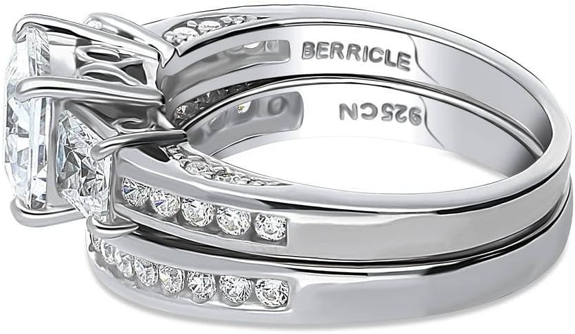 BERRICLE Sterling Silver 3-Stone Wedding Engagement Rings Stackable Band Ring Set for Women, Cubic Zirconia CZ - Cushion, Emerald, Oval, Princess, Round Cut