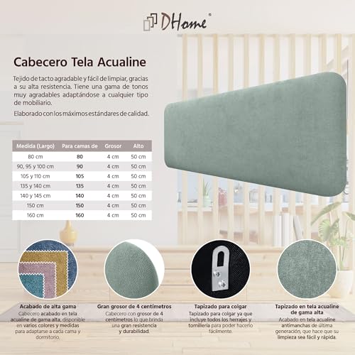 Miniatura 5 de Dhome Cabecero Tapizado Liso Redondeado Tela Aqualine Para Pared Acústicos Cabeceros Absorbentes Cabezal Cama Dormitorio Verde Agua, 150cm