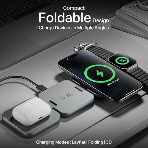 Image of Boat FlexCharge 360 3-in-1 15W Wireless Charger, Foldable, Magnetic Magsafe & Multi-Angle Charging; LED Indicator & Anti-Slip Finish for Apple iPhone 16|15|14, Apple Watch & AirPods (Slate Grey)