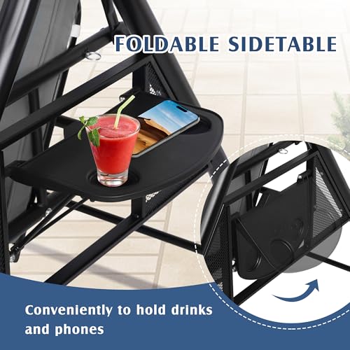 Grepatio 3-Seat Outdoor Porch Swing with Adjustable Canopy, 3 Person Convertible Porch Swing Bed with Stand, Heavy Duty Patio Swing with Cup Holder and Pillows, Cushion for Garden, Poolside (Grey) - Thumbnail 5
