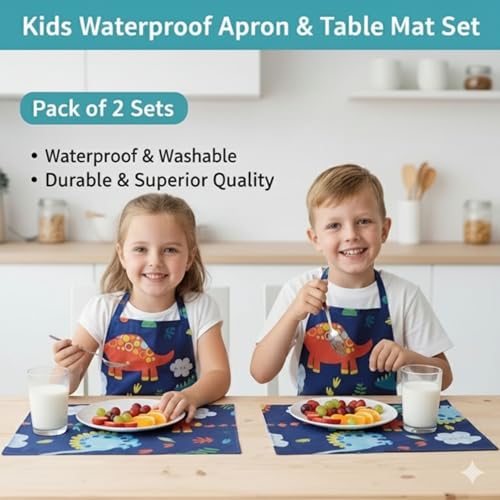 Image of HOUSE FOX Kids Waterproof Apron and Table Mat Set (Pack of 2 set)(Age 4 - 9 years), Aprons for Teens, Boys & Girls | Ideal for Cooking, Painting, School, Art | Machine washable|Reusable | Long Life
