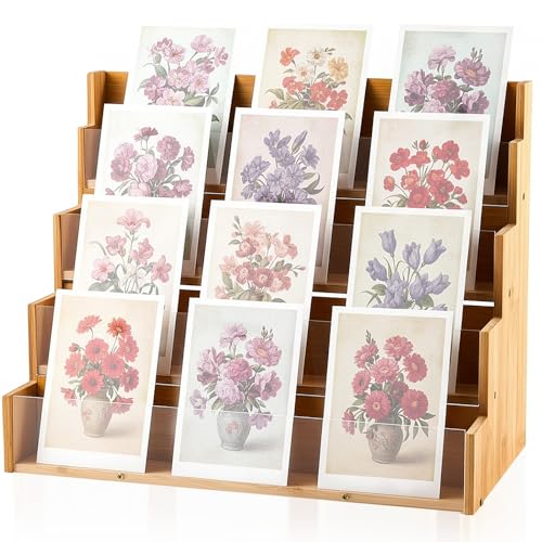 Yuntau 4 Tier Greeting Card Display Stand Wood Color Bamboo and Acrylic Sticker Display Stand Trading Card Holder Retail Photos Shelf for Vendors Craft Collection & Show