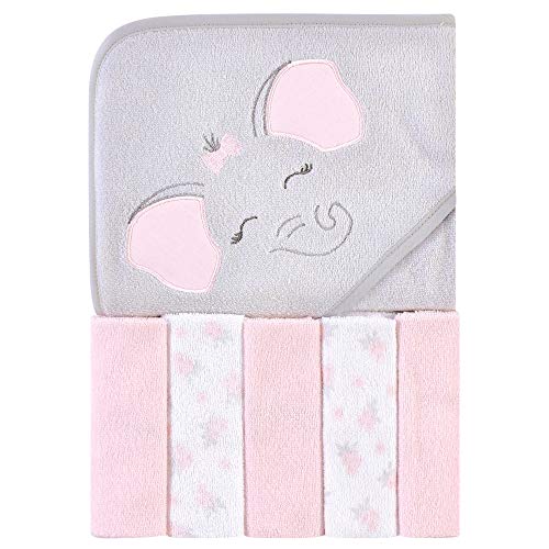 Image of Hudson Baby Unisex Baby Hooded Towel and Five Washcloths, Pink Elephant, One Size