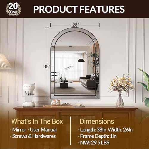 Image of MOON MIRROR Arched Mirror for Bathroom, Bathroom Mirrors for Over Sink, 26x38 inch Matte Black Non-Rusting Vanity Mirror in Delicate Tessellated Glass Design