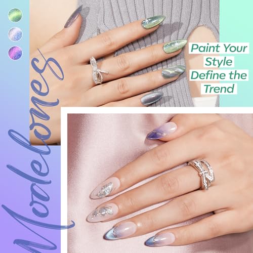 Image of modelones Cat Eye Gel Nail Polish Set, 6 Colors Aurora Galaxy Pearlescent 9D Cateye Glitter Gel Polish kit Blue Green Purple Mermaid Nail Polish with Magnet Soak Off LED Nail Art Starter Kit DIY Gift
