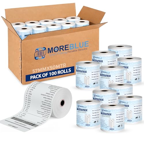 Image of MOREBLUE Thermal Paper Rolls (57mm x 50 Meter) Pack of 100 | Ink-Free, BPA-Free Receipt Paper for POS Machine, Billing Machine, Credit Card Machine & Petrol Pump Use
