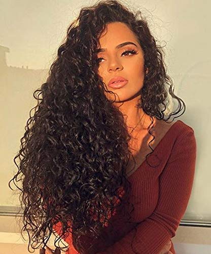 JINGFA Long Curly Lace Front Wigs For Black Women High Density Heat Resistant Fibre Mixed Hair Replacement Wigs Free Part Black Color 24 Inch