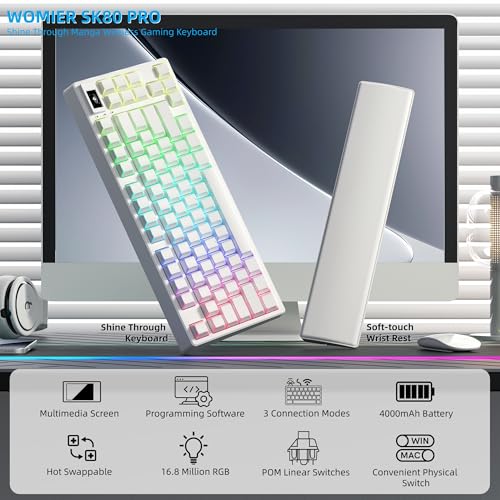 Image of Womier 75% Wireless Mechanical Keyboard with Color Multimedia Screen | PC Gaming Keyboard, 3-Modes Hot Swappable Shine Through Manga Keyboard w /Wrist Rest, Gasket RGB Custom for Mac /Win (SK80 PRO)