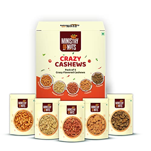 Image of Ministry of Nuts Premium Kaju Pack OF 5 Crazy Cashews Mini I Spanish tomato, Green Chili, Barbeque, Cheese and Pudhina 50g each I Total 250g
