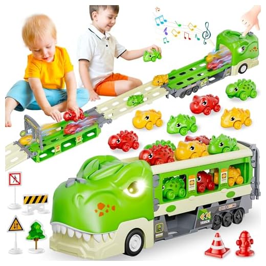 Funwee Dinosaur Truck Toys for 2 3 4 5 6 7 Year Boy Toddler, Foldable Track & 2 Player Race Mode, Light & Sound Transport Carrier W/ 6 Dino Car & 12 Accessories, Birthday Gift Idea for Kids Girls