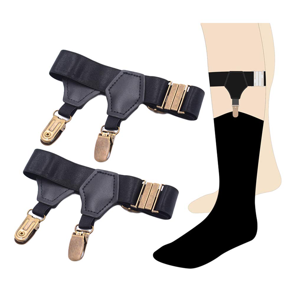 SupSuspen Men Adjustable Black Sock Garter Belt Grips Suspender&Hard Metal Clips