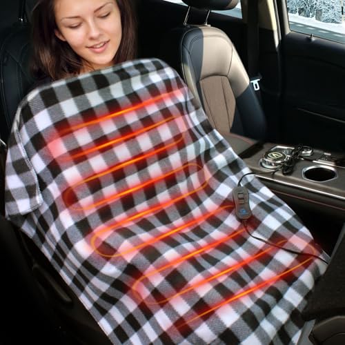 Image of 12-Volt Electric Heated Car Blanket,Auto Off Heated Blanket with 2 Level,Electric Blanket for Car,Truck,SUV (Black and White)