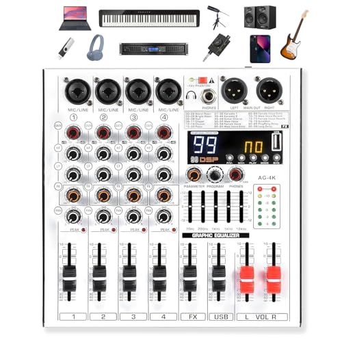 4 Channel Professional Audio Mixer with 4 MIC/LINE Inputs, 5-Band EQ, 99DSP Effects, USB...