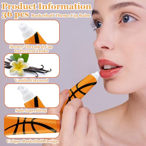 Image of 36 Pcs Basketball Party Favors Team Gifts Basketball Lip Balm Bulk 0.35 oz Vanilla Flavored Moisturizing Lip Sports Gift for Team Teen Adults Birthday Party Game Supplies