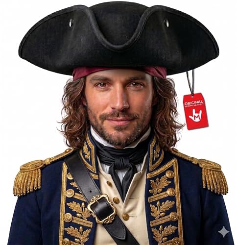 Morph Black Pirate Hat For Women and Men, Adult Colonial Three Cornered Cocked Tricorn Hat For Adults, Buccaneer Cap, Pirate Accessories Women and Men