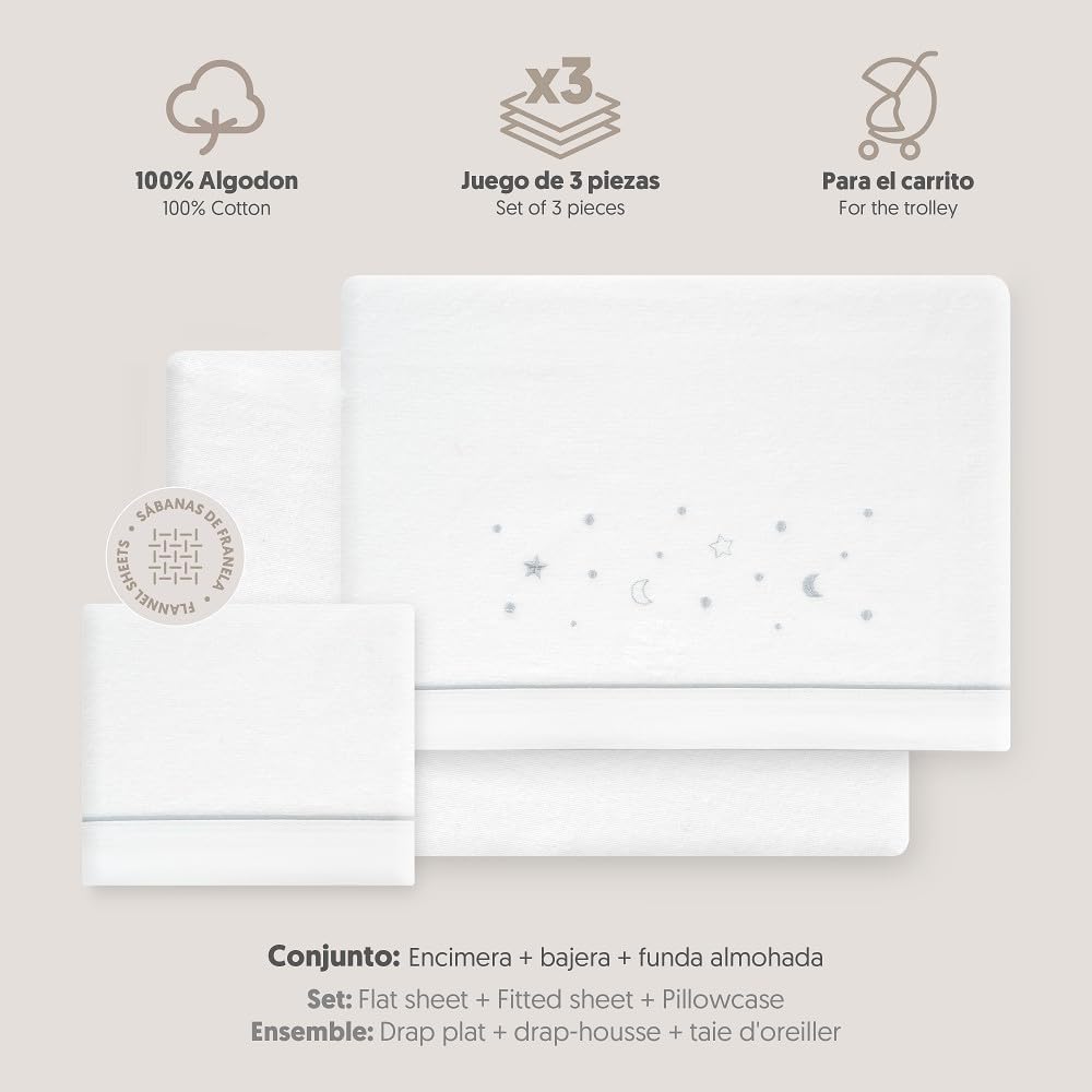 Interbaby - Juego Sabanas Carrito Bebe 40x80 Algodón 100% | Sabana Cuna Franela, Cálida | Incluye Sabana Bajera, Encimera y Funda de Almohada | Ideal para Invierno | Estrellas Luna Blanco/Gris