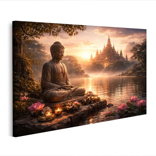 islandburner Quadro su tela Statua di Buddha sul lago con fiori di loto e tempio sullo sfondo – Edizione A1