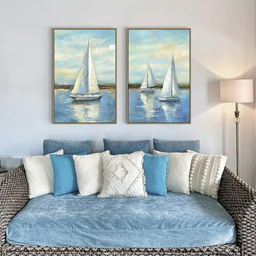 Sailboat Canvas Framed Wall Art: 2 Piece Nautical Painting Heavy Textured Scenery Artwork Coastal living room Picture for Bedroom Bathroom - Image 5