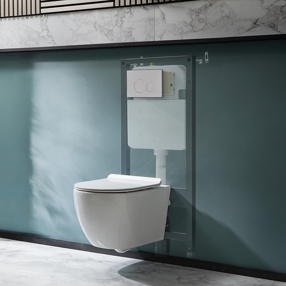 Milano Overton Wall Hung Rimless Toilet Tall Frame Dual Flush Cistern - Round Plate