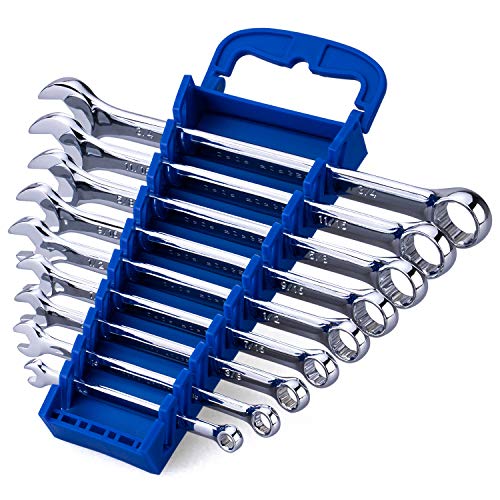 Max Torque 9-Piece Premium Combination Wrench Set, Standard Inch Sizes from 1/4” to 3/4” with Rack Organizer | Chrome Vanadium Steel, Long Pattern, Mirror Chrome Finish