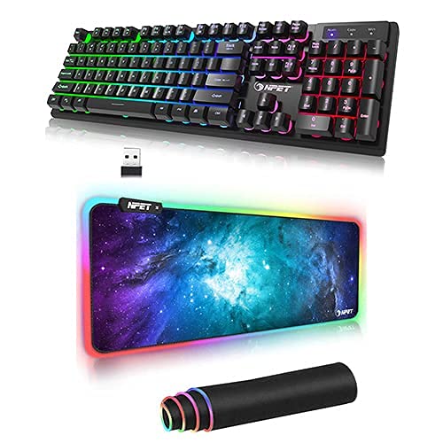 NPET Gaming Keyboard and RGB Gaming Mouse Pad Bundle, Wireless Floating Rainbow Keyboard, 31.5 X 11.8 Inch 12 Lighting Modes, Touch Control, Durable Stitched Edges LED Mouse Pad 