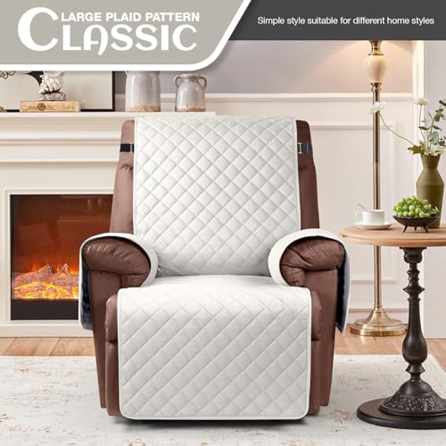 Image of KinCam 100% Waterproof Recliner Chair Cover, Reclining Couch Covers for Pets, Dogs, Recliner Couch Slipcover Furniture Protector with Elastic Straps for Kids(23.6 inch, Beige White)