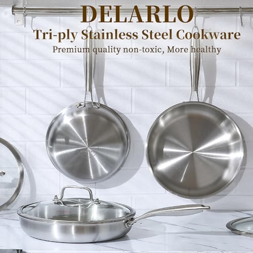 DELARLO Stainless Steel Pan丨10 Inch Skillet with Lid丨Oven Safe Up to 600℉丨Triply Stainless Steel Cookware丨Stainless Steel Pan 10 in丨Induction Compatible丨Fast Even Heat丨Large Cooking Surface - Thumbnail 2