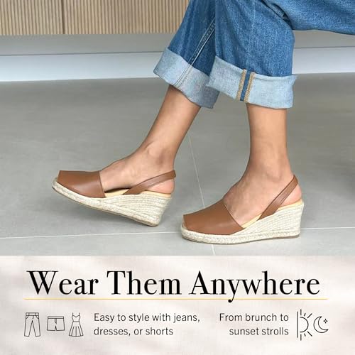 Image of Espadrilles Wedges for Women, Dressy Soft Leather Peep Toe Womens Espadrille Sandals, Comfortable Casual Summer Slip On