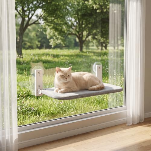 PEFUNY Cordless Folding Cat Window Perch Cat Hammock for Window and Wall with 4 Suction Cups Sturdy Setal Frame for Glass Windows and Interior Walls (Grey Medium)
