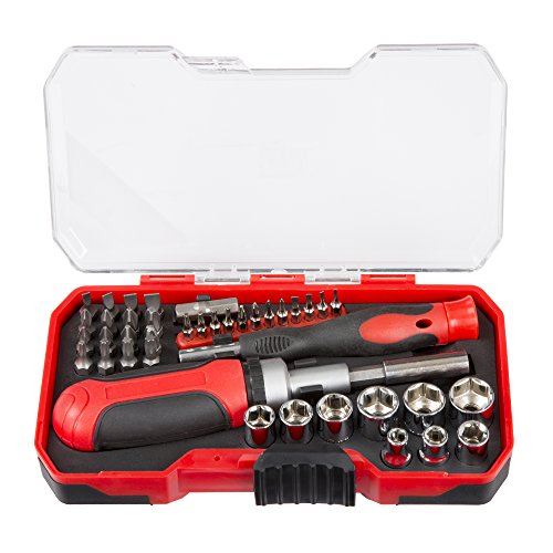 Ratcheting Screwdriver with 41 Piece Bit and Socket Set - Stubby Handle Multitool with Metric and SAE Drivers and Precision Bits