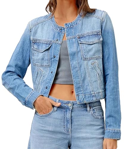 Cropped Denim Jacket for Women Collarless Long Sleeve Jean Jackets with Snaps