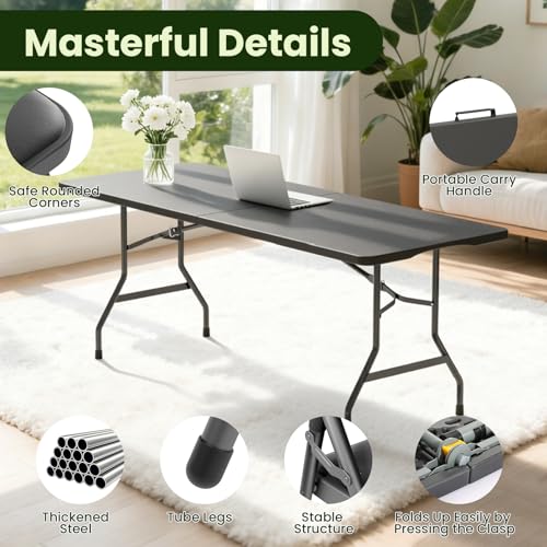 CFATLFRM 6FT Black Plastic Folding Table Set with 6 Black PU Padded Chairs - Image 4