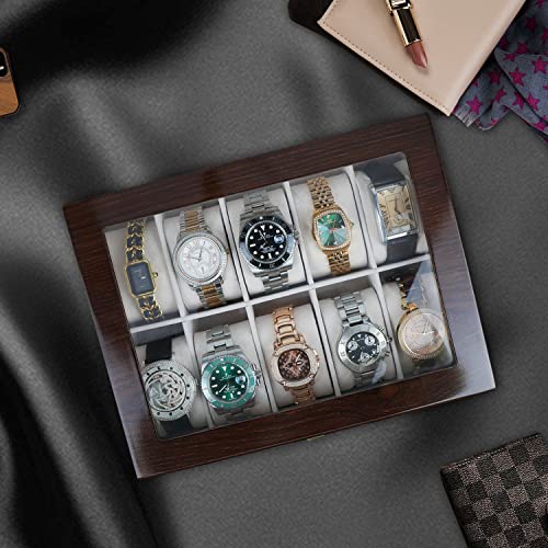 Helmdy Wooden Watch Case Display Box Organizer For Men Storage: 10 Slot Wood Watch Box Organizer Modern Case With Large Glass Lid And Removable Watch Pillow - Watch & Jewelry Holder For Men And Women #TOP1