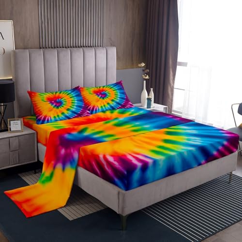Feelyou Tie Dye Sheet Set Full Size Kids Girls Boho Trippy Swirl Bed Sheets Set Ultra Soft Bright Colorful Rainbow Bedding Set Women Teens Bedroom Decor Bohemian Gypsy Sheets, Luxury Microfiber