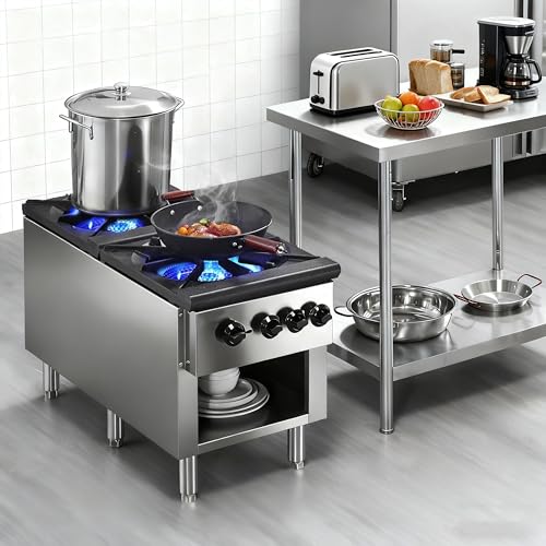Image of Commercial Gas Stove with Cabinet, 2 Burners Propane and Natural Gas Stove, Stainless Steel Hot Plate, Commercial Cooking Equipment for Restaurant Kitchen, 56,000 BTU