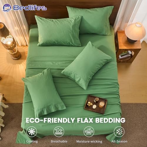 Image of Bedlifes 100% French Linen King Bed Sheet Set - 16 inch Deep Pocket, 4-Piece | Soft & Durable, Breathable & Cooling, Pure Flax Linen, OEKO-TEX Certified, Moisture-Wicking, Easy Care, Machine Washable