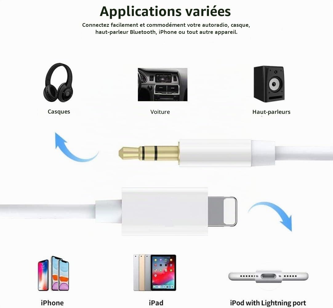 Cordon auxiliaire iPhone voiture adaptateur Lightning vers prise casque 3,5 mm compatible iPhone 14 13 12 11 XS XR X 8 7