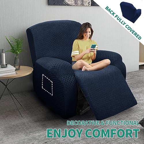 Image of YEMYHOM 4 Pieces Stretch Recliner Slipcover Jacquard Recliner Chair Cover with Side Pocket Anti-Slip Fitted Recliner Cover Couch Furniture Protector with Elastic Bottom (Recliner, Navy)
