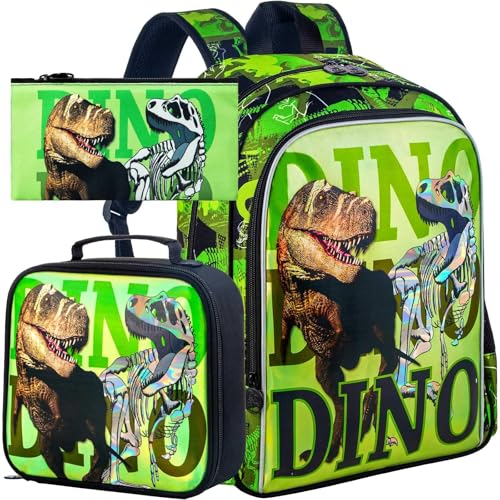 Image of CCJPX 3PCS Dinosaur Backpack for Boys, 16 Inch Kids Water Resistant Preschool Bookbags, Cool Kindergarten School Backpacks and Lunch Box