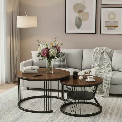 Image of Round Coffee Table Set of 2 for Living Room Wooden Top with Black Metal Frame Modern Nesting Center Table for Sofa Area Home & Office Furniture (Black Brown)