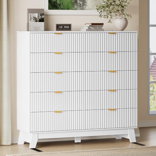 Image of BORNOON 46 inch Tall Dresser for Bedroom, 10-Drawer Fluted Chest of Drawers, Modern Wood Highboy with Metal Slides and Handles, Anti-Tip Kit, Vertical Clothes Storage Organizer for Apartment, Closet
