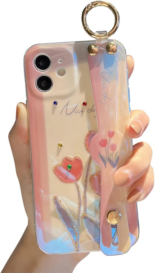LastmaiPhone 12 Case Cute with Wrist Strap Kickstand Glitter Bling Cartoon IMD Soft TPU Shockproof Protective Cases Cover for Girls and Women - Tulipa