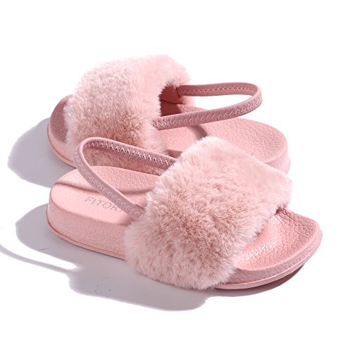 Fitory Girls Sandals Toddler, Faux Fur Slides With Elastic Back Strap Flats Shoes For Kids #TOP2