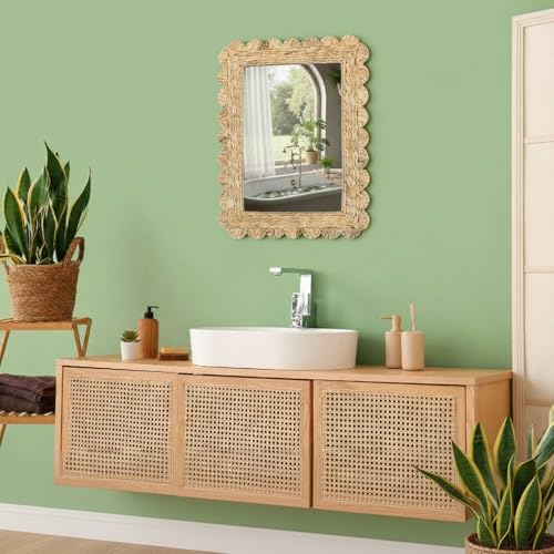 Image of 23 inch x 17 inch Scalloped Rattan Mirror Handwoven Water Hyacinth Wall Mirror Decorative Natural Water Hyacinth Wall Wavy Frame for Bathroom, Living Room, Entryway Decor